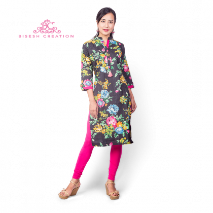 Black Chikan Floral Printed Kurti With Pure Cotton - Kurta (420x420), Png Download