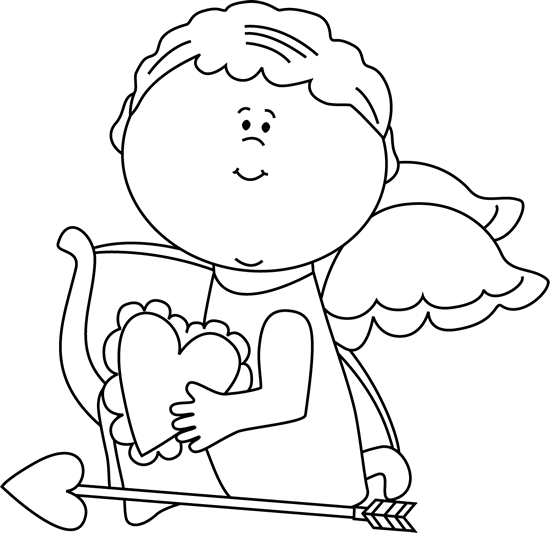 Black And White Cupid Holding A Valentine Heart Clip - Valentine's Day (550x533), Png Download