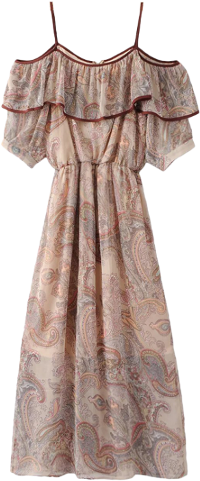 Women Bohemian Frilly Cold Shoulder Chiffon Dress Beige - Dress (558x744), Png Download