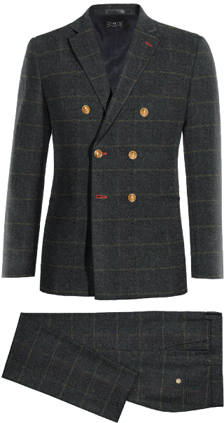 Blue 3-piece Checked Tweed Suit - Sakko Mit Stehkragen Schwarz (400x660), Png Download