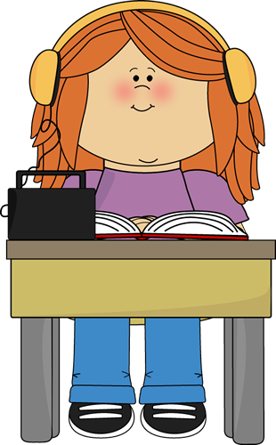 Girl Listening To Book With Headphones Clip Art - Student Sitting At Desk (310x500), Png Download