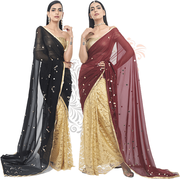 Half And Half Sarees Meet Contemporary Chevron Pattern, - Photo Shoot (595x586), Png Download