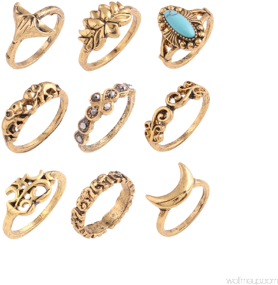 Trendy Artificial Turquoise Moon Elephant Alloy Ring - Rotita Turquoise Decorated Gold Metal Ring Set (500x500), Png Download