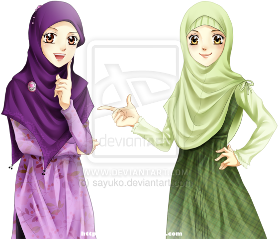 Hijab Girls By ~sayuko On Deviantart Muslimah Anime, - Two Muslim Girls Cartoon (600x524), Png Download