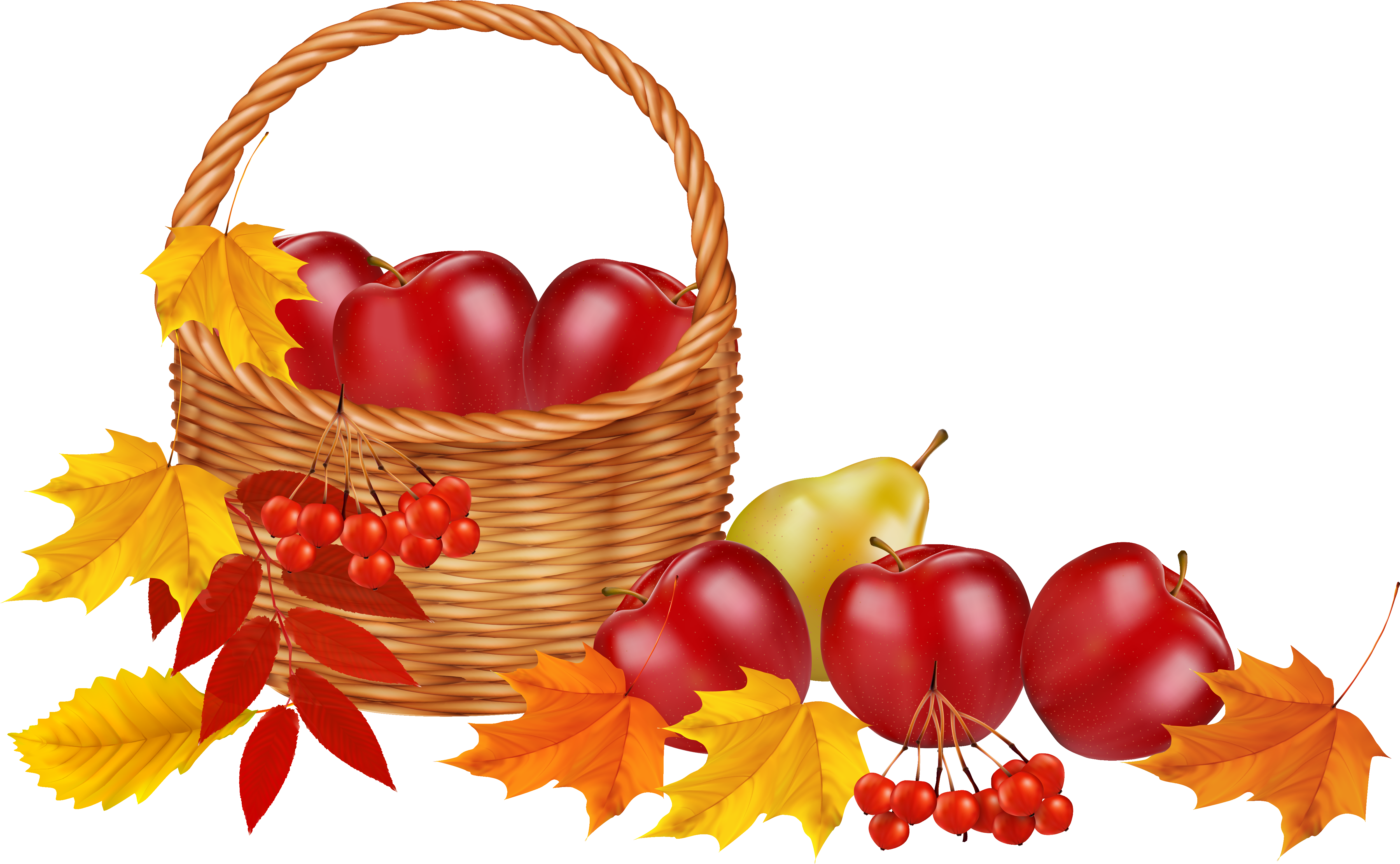 Basket With Fruits And Autumn Leaves Png Clipart Image - Transparent Autumn Clip Art (600x370), Png Download