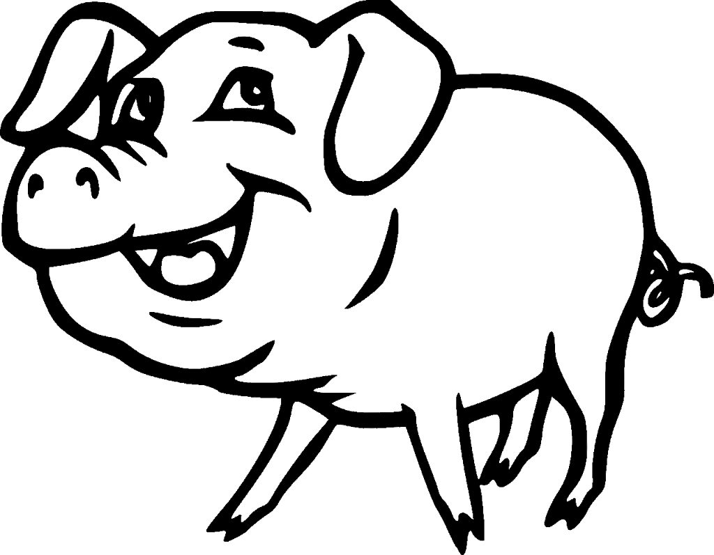 Smiling Pig Black White Line Art Christmas Xmas - Pig Cartoon Black And White (999x778), Png Download