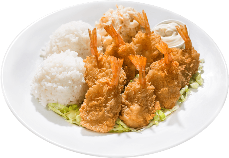 Fried Shrimp With Two Scoops Of Rice, Mac Salad, And - Shrimp (800x620), Png Download
