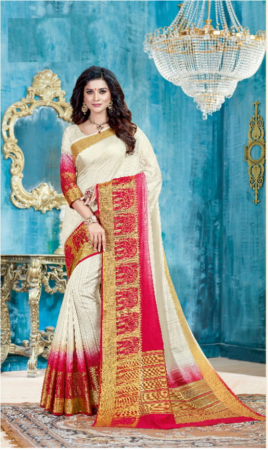 Shaded Off White And Tomato Red Designer Silk Saree - Off White And Pink Saree (920x880), Png Download