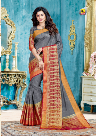 Grey And Red Silk Saree - Sari (460x440), Png Download