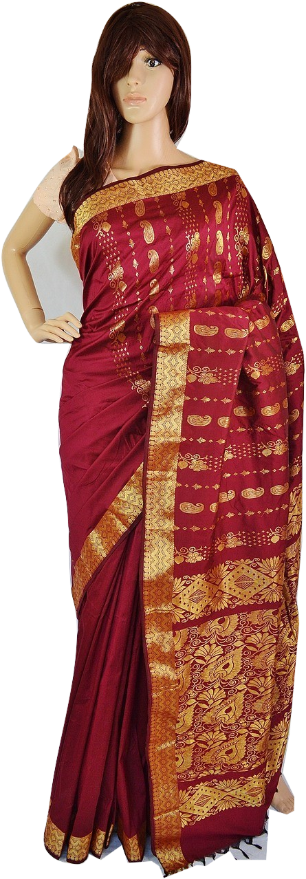 Gorgeous Maroon & Gold Silk Saree - Sari (486x1299), Png Download