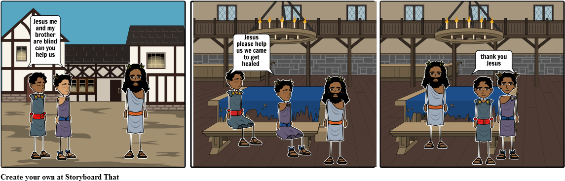 Jesus Heals The Blind Brothers - Cartoon (1164x385), Png Download