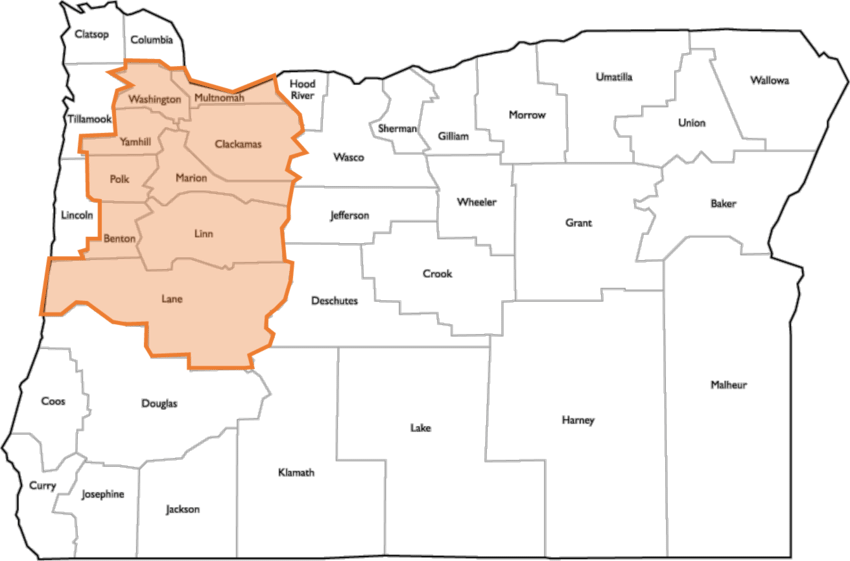 Map Of Oregon Counties, With Willamette Valley Counties - Map Willamette Valley (850x561), Png Download