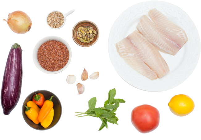 Dukkah-dusted Tilapia With Eggplant Sofrito & Blistered - Sofrito (700x477), Png Download