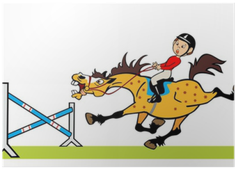 Little Boy With Cheerful Pony Jumping A Hurdle Poster - Horse Riding Horse Girl Animation (400x400), Png Download