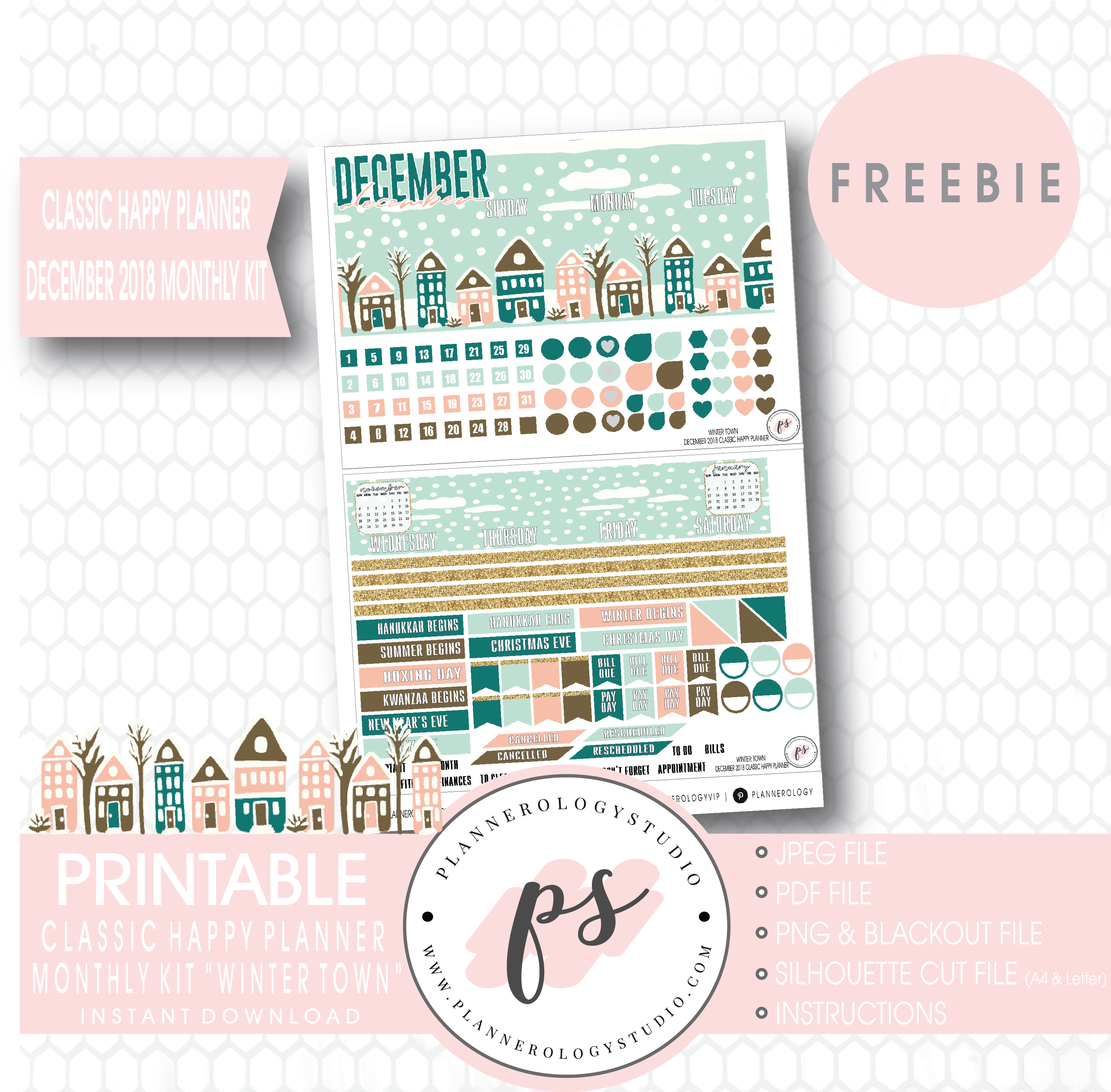 Winter Town Classic Happy Planner December 2018 Monthly - Poster (3067x3000), Png Download