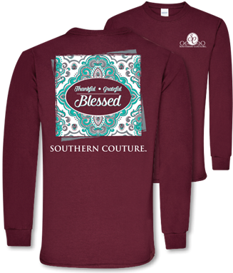 Southern Couture Thankful Grateful Blessed Maroon Ls - Long-sleeved T-shirt (350x391), Png Download