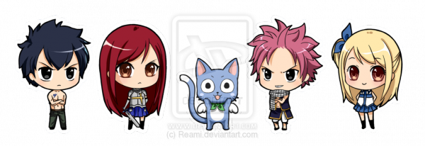 Chibi - Lucy Natsu Grey Erza Chibi (600x206), Png Download