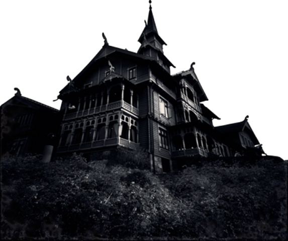 House-082 - Black And White Haunted House (573x480), Png Download