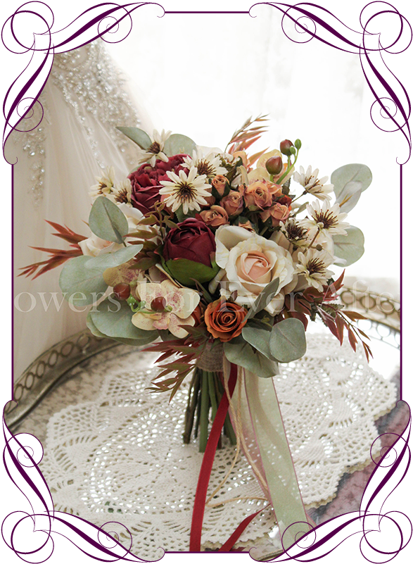 Silk Artificial Autumn Fall Wedding Bridal Bouquet - Cake Decorations With Wattles (608x822), Png Download