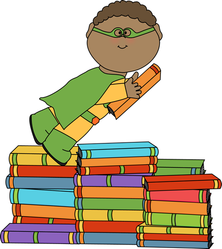Boy Superhero Flying Over Books Clip Art - Superhero Book Clip Art (447x500), Png Download