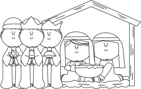 Nativity Scene With Wise Men Black White - Nativity Scene Clipart Black And White (550x347), Png Download
