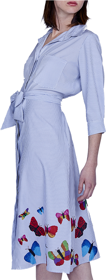 Pinstripes Butterfly Bottomup Belted Dress - Dress (600x900), Png Download