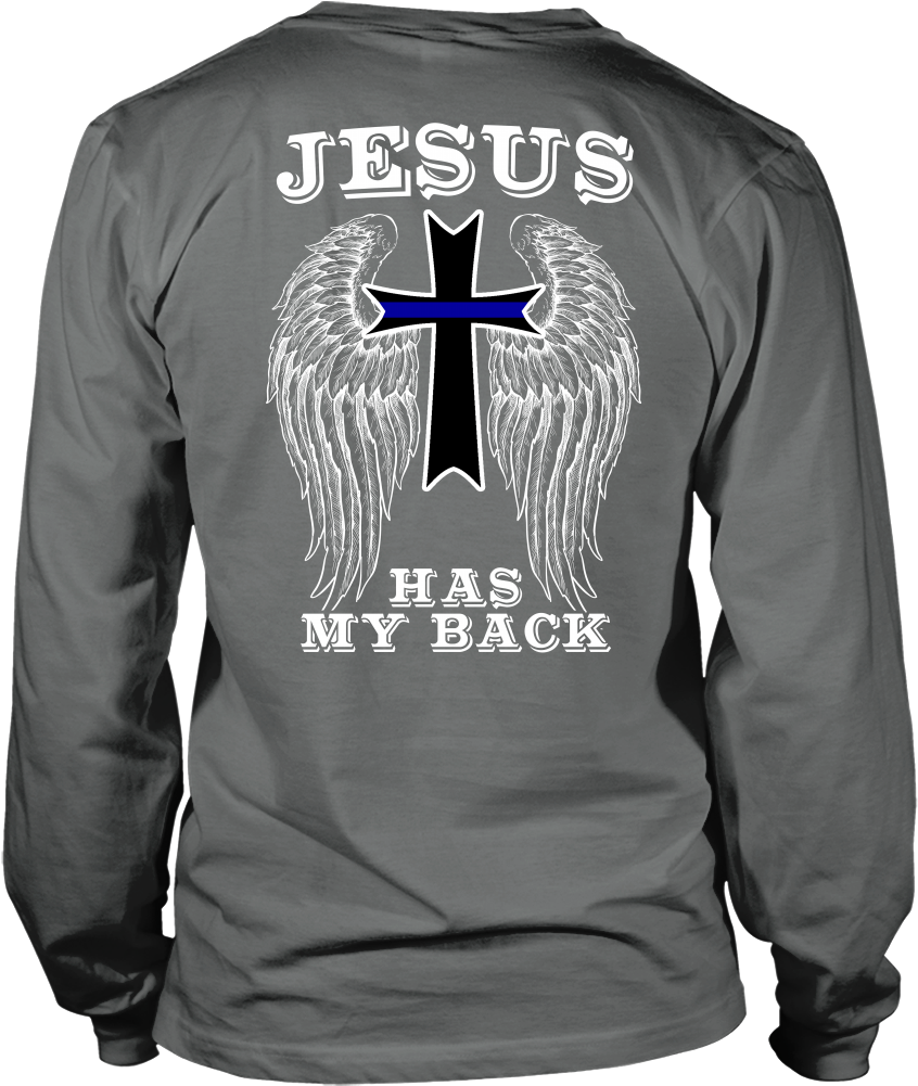 Police Thin Blue Line Cross Jesus Guardian Angel Shirt - Comfort Colors Longsleeve Back (1000x1000), Png Download