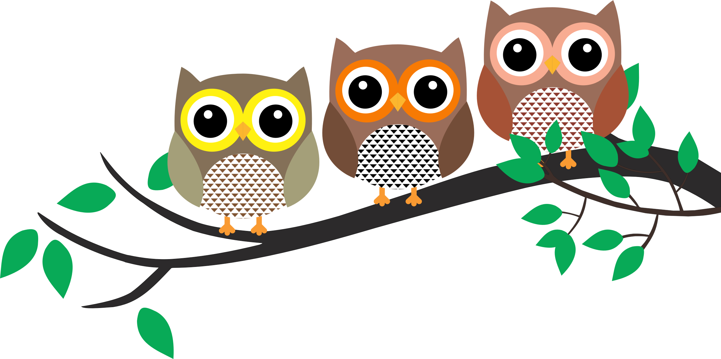 Three Owls In A Tree Svg Black And White - Owl In A Tree Clipart (2400x1197), Png Download