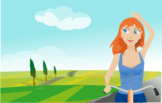 Cycling Girl Landscape Spring Woman Sports - Girl Cartoon Landscape (535x340), Png Download