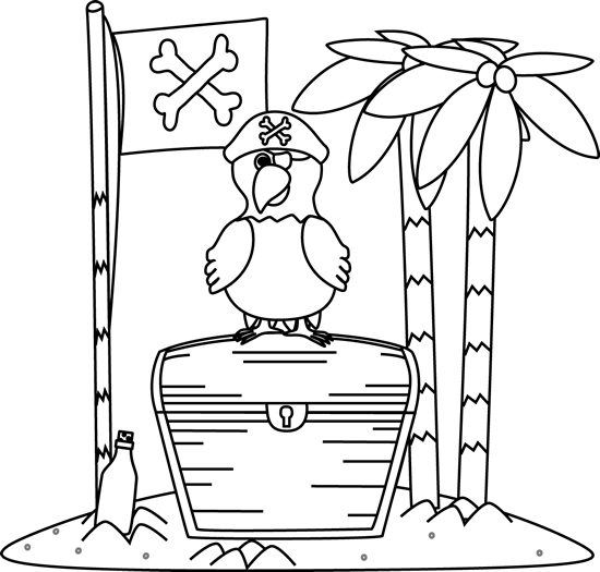 Black And White Pirate Parrot And Flag On An Island - Illustration (550x525), Png Download
