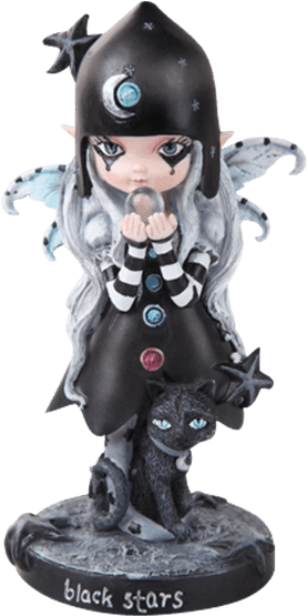 Gothic Black Stars Statue - Dolly Fae Black Stars Moon Fairy With Mystical Cat (555x555), Png Download