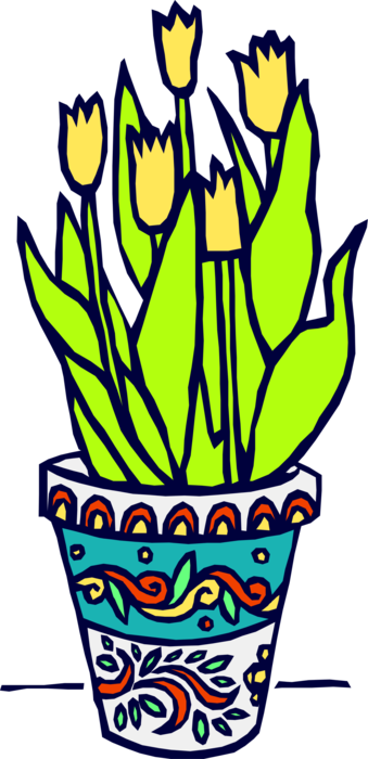 Vector Illustration Of Potted Yellow Tulip Bulbous (339x700), Png Download
