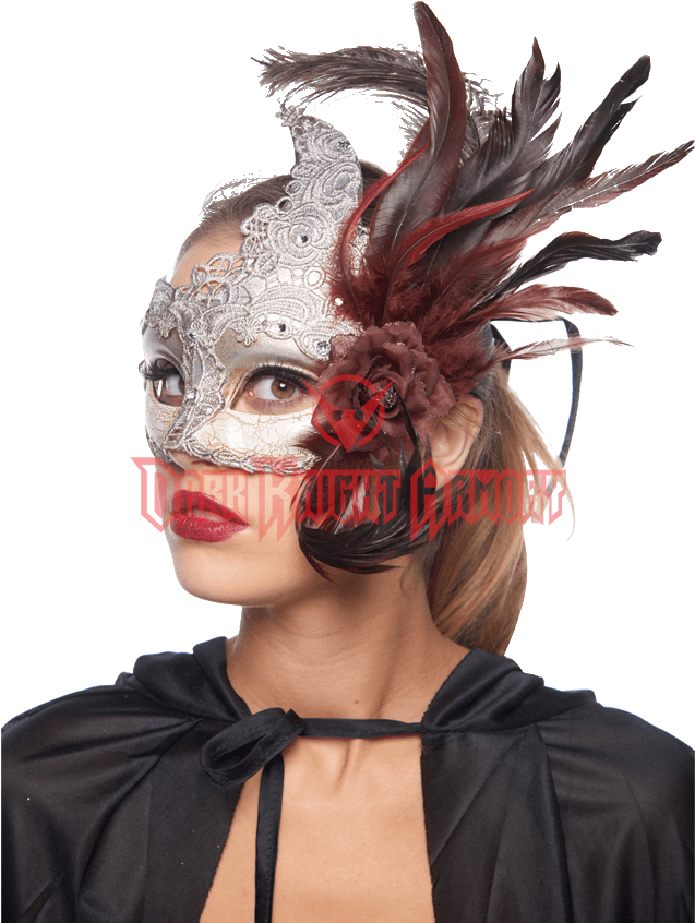 Feathered Silver Lace Masquerade Mask - Mask (850x850), Png Download