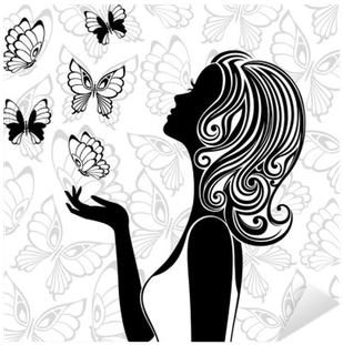 Silhouette Of Young Woman With Flying Butterflies Sticker - Overstock.com Woman With Autumn Leaves Beauty Salon (400x400), Png Download