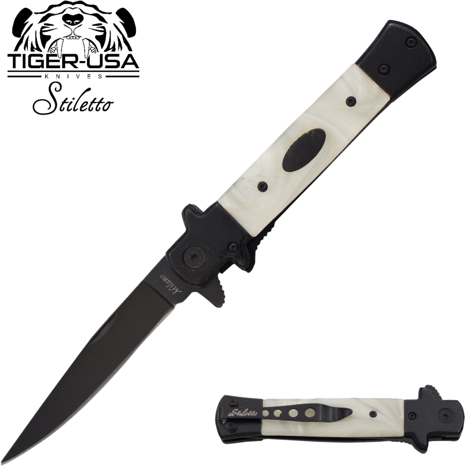 9" Tiger Pearl Italian Milano Stiletto Tactical Assisted - Spring Assisted Knife (1024x1024), Png Download
