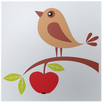 Tree Branch With Apple And Cute Bird Poster • Pixers® - Birds Apple Tree Cartoon (400x400), Png Download
