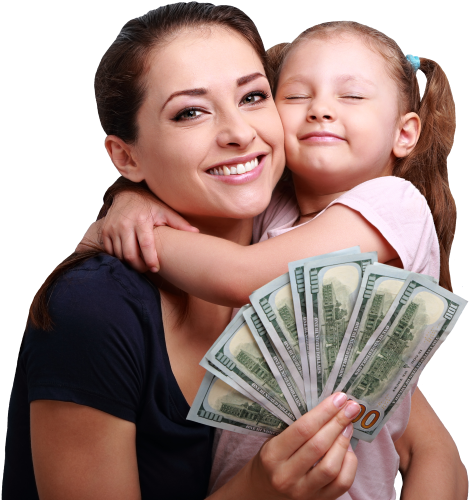 Mom And Daughter Smiling With Title Pawn Cash In Hand - Happy Mom With Money (500x500), Png Download
