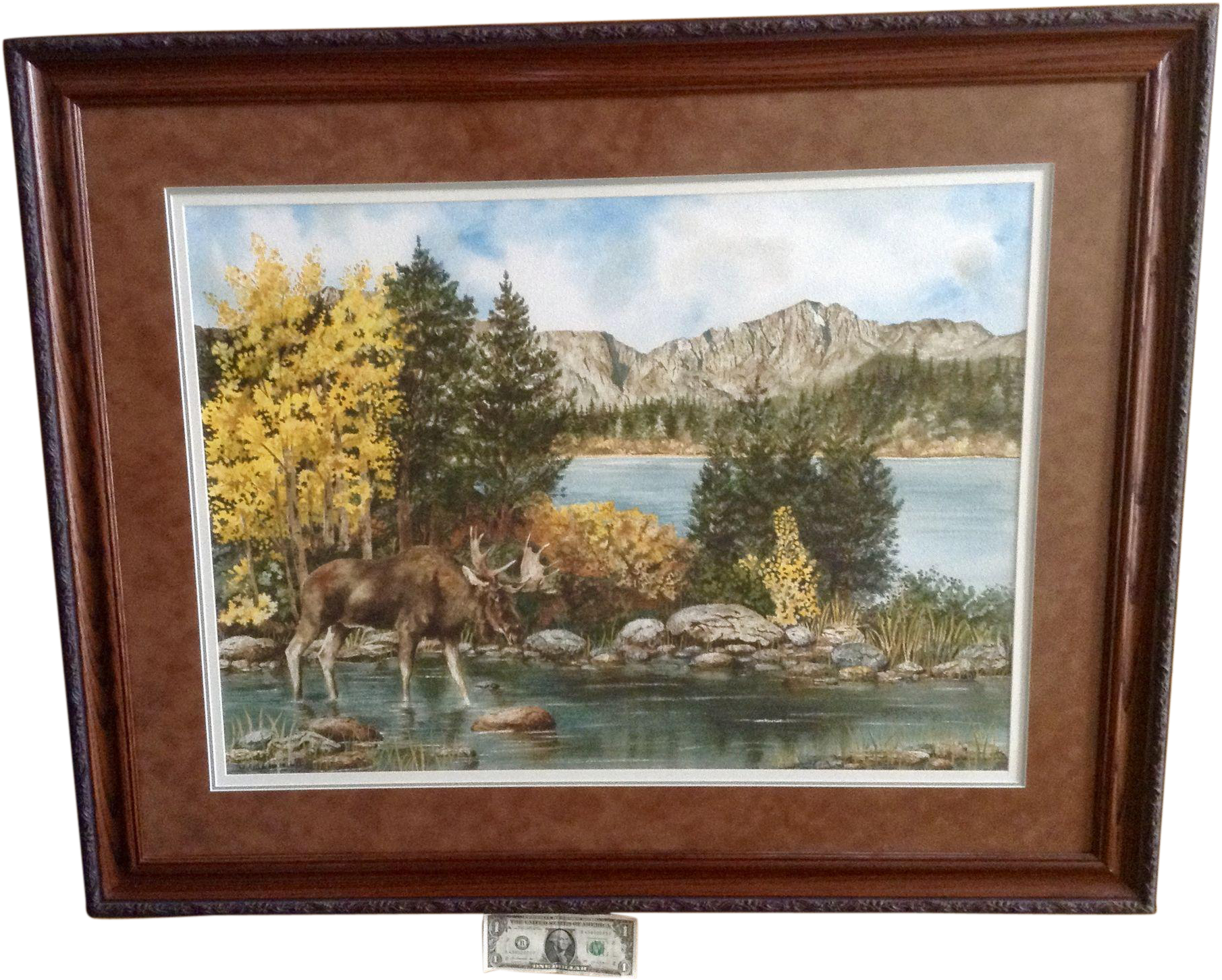 P J Simpson, Moose Standing In Water Mountain Landscape - Watercolor Painting (1809x1809), Png Download