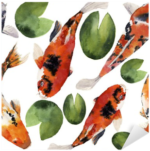 Watercolor Oriental Rainbow Carp With Water Lily Seamless - Watercolor Painting (400x400), Png Download