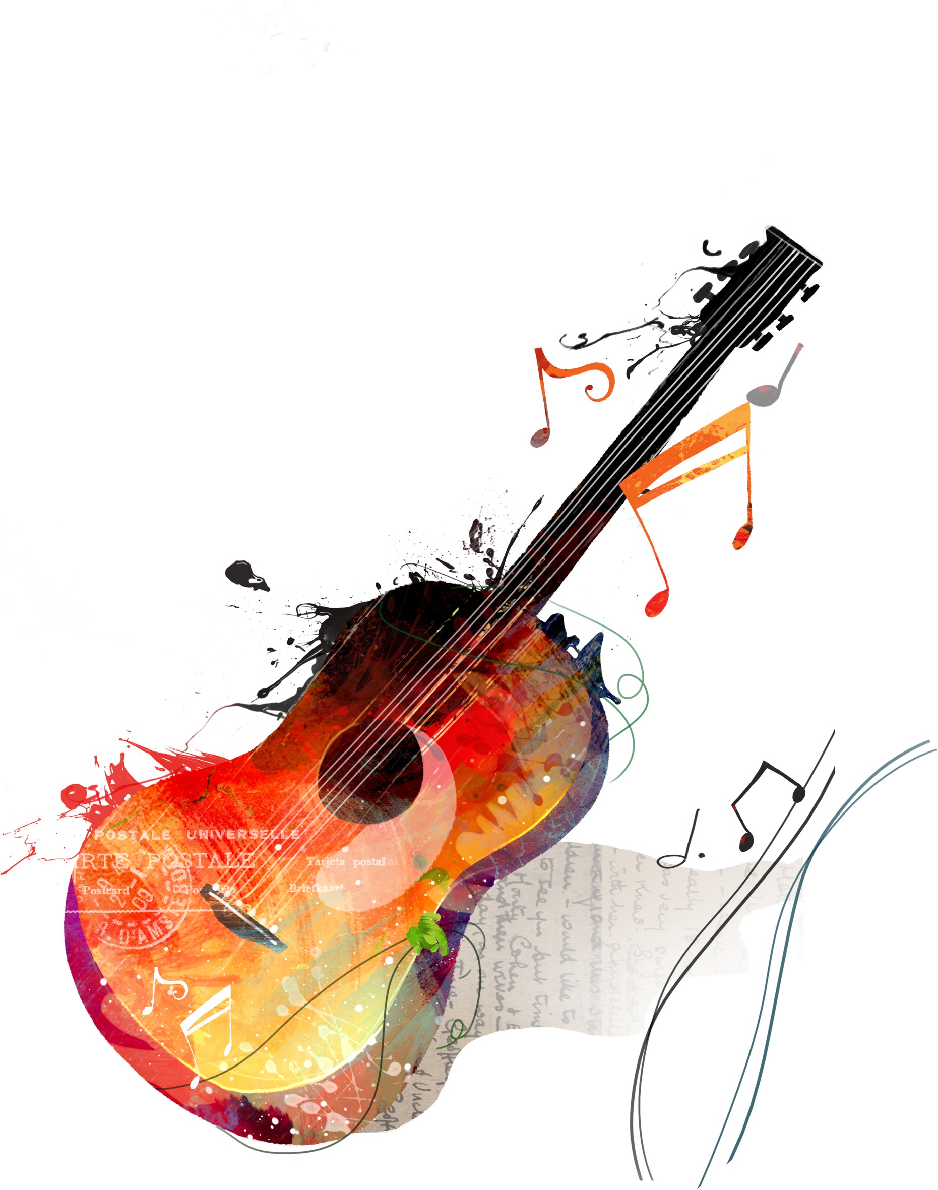 Watercolor Painting Guitar Drawing Canvas - Note De Musique Guitare (2050x3050), Png Download