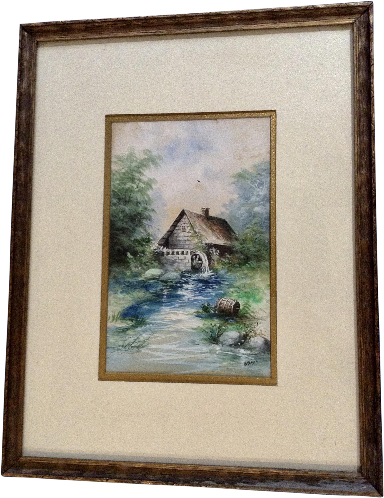 Kunz 1914 Water Wheel Mill Watercolor Painting Signed - Watercolor Painting (2048x2048), Png Download