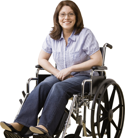 Happy, Middle Aged, Disabled Woman Sitting On A Wheelchair - Persons In Wheelchair Png (435x480), Png Download