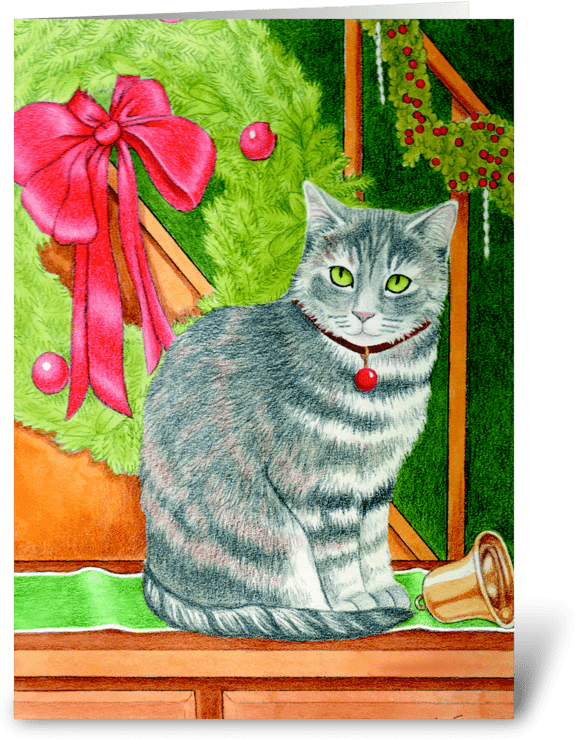 Christmas Cat Greeting Card - Pet (700x792), Png Download
