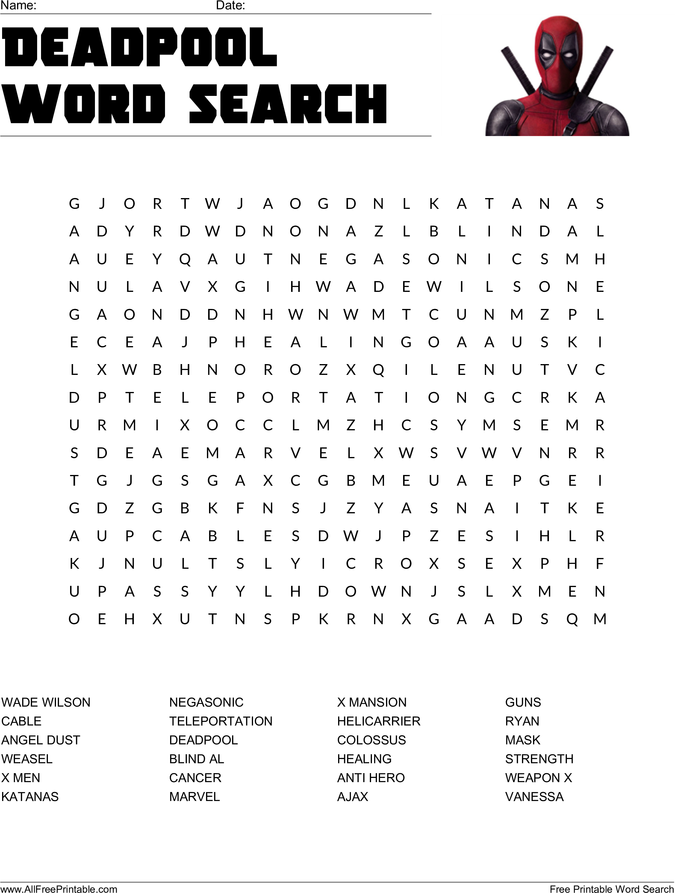 Deadpool Word Search Main Image - Deadpool Word Search Printable (2550x3300), Png Download