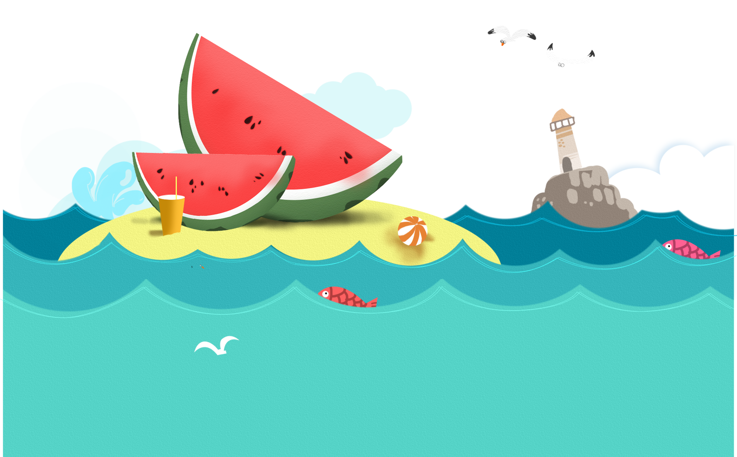 Hand Drawn Cartoon Summer Vacation Background - Portable Network Graphics (2516x2000), Png Download