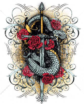 Snake With Dagger Roses Plastisol Transfer Snake Sword - Rose With Blood And Sword (420x420), Png Download