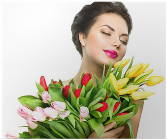 Póster Mujer Modelo De La Belleza Con Flores De Tulipán - Bouquet (400x400), Png Download