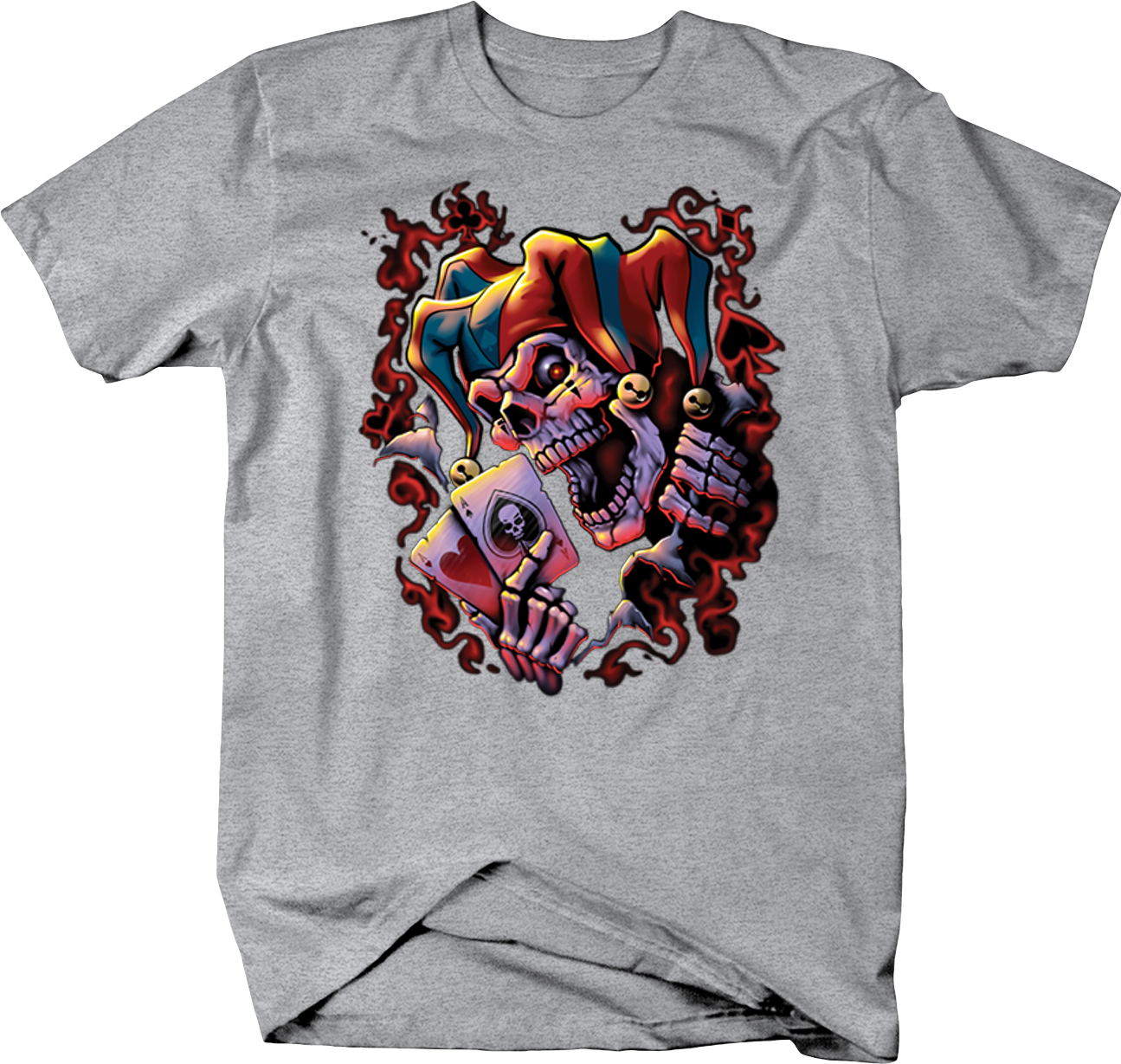 Image Is Loading Evil Skeleton Joker Holdong Playing - Biker T-shirt Wicked Jester Skull Aces Tee (1295x1229), Png Download