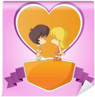 Template With A Couple Of Cute Cartoon Kids In Love - Cartoon (400x400), Png Download