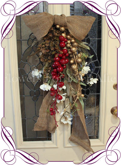 Rustic Burlap With Gold And Red Pods With Eucalytpus - Melbourne (416x562), Png Download